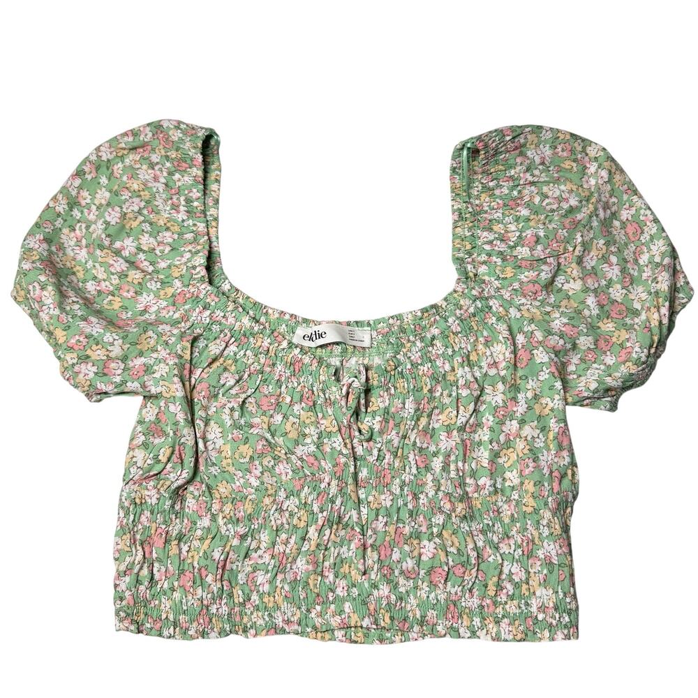 Elodie Crop‎ Top Women's Size Small Green Floral Tie Neck Puff Sleeve Smocked